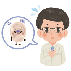 不健康な耳のキャラクターと白衣を着た男性医師　上半身イラスト／Unhealthy Ear Character with Male Doctor in White Coat　upper body illustration