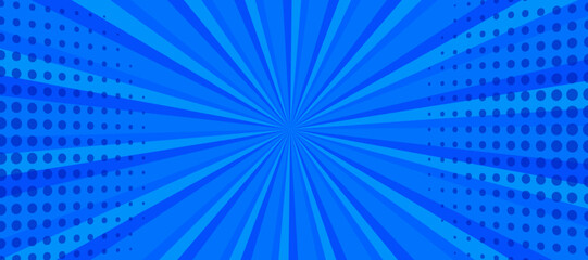 Naklejka premium Retro pop art radial explosion blue wallpaper in halftone style.