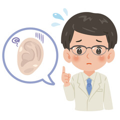 不健康な耳と白衣を着た男性医師　上半身イラスト／Unhealthy Ear with Male Doctor in White Coat　upper body illustration
