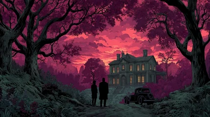 Two people walking toward large house at sunset through forest © Sean