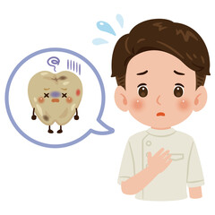 不健康な歯のキャラクターとケーシーを着た男性医師　上半身イラスト／Unhealthy Tooth Character with Male Doctor in White Coat　upper body illustration