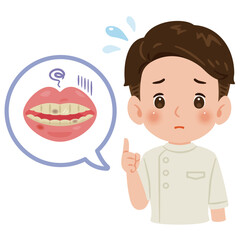 不健康な歯とケーシーを着た男性医師　上半身イラスト／Unhealthy Tooth with Male Doctor in White Coat　upper body illustration