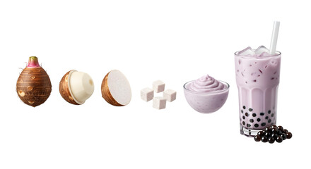 Taro root and ingredients for taro bubble tea isolated on transparent background