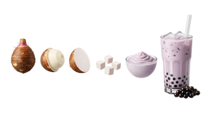 Taro root and ingredients for taro bubble tea isolated on transparent background