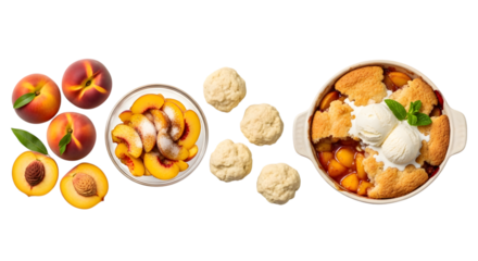 Peach cobbler ingredients and finished dish isolated on transparent background