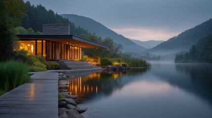 Obraz premium Lakeside Serenity: A modern, minimalist home basks in the soft light, perfectly positioned on the serene edge of a tranquil lake, reflecting the beauty of the surrounding landscape. 