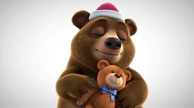 Animated Christmas Bear Hugging Teddy Bear with Santa Hat on White Background
