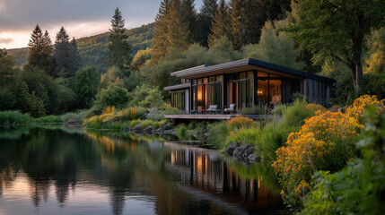 Fototapeta premium Lakeside Retreat: A modern residence stands harmoniously beside a tranquil lake. The house, designed with expansive windows.