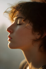 Fototapeta premium Serene Contemplation: Capturing a moment of introspective reflection as the individual embraces a moment of calm, bathed in gentle light.