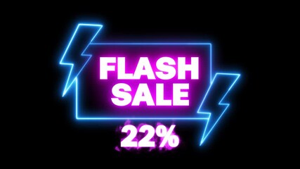 22 percent off 4k animated banner on trans parent alpha background, glowing neon flash sale text blinking