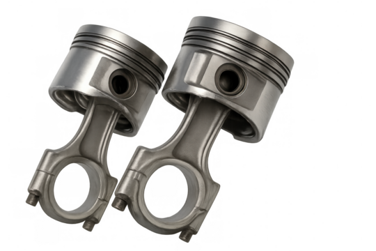 Pair of engine pistons and connecting rods for automotive vehicle repair on transparent background