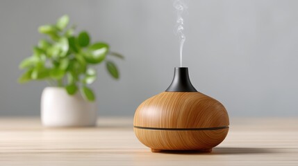 spiritual organic lifestyle A decorative diffuser emitting fragrant smoke beside a small green plant in a minimalist setting.
