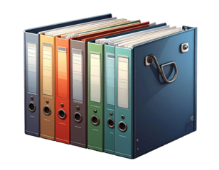 Row of colorful lever arch files with documents on white background.