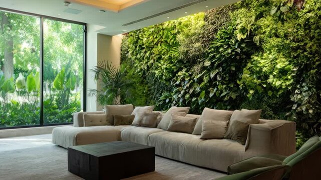 Medium shot of a living room showcasing a lush plant wall creating a calming biophilic atmosphere with vibrant greenery enriching the modern interior design.