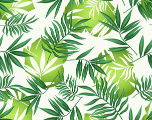 Tropical Green Leaves Seamless Pattern on Light Background