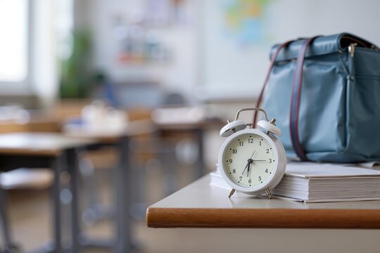 White alarm clock, school bag, and books on an empty classroom desk, symbolizing learning and time starting