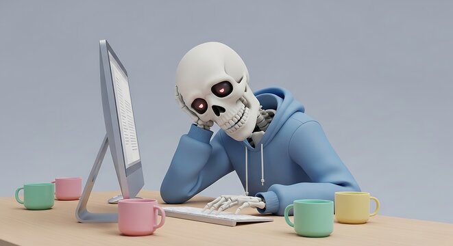 Tired Skeleton in Blue Hoodie with Glowing Red Eyes Overworked at Computer Desk with Colorful Mugs.