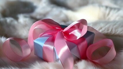 A gift present box with pink ribbon and blue bow, satin wrapped surprise for celebration and holiday birthday party, festive delicate luxury elegant romantic love valentine anniversary wedding - Powered by Adobe
