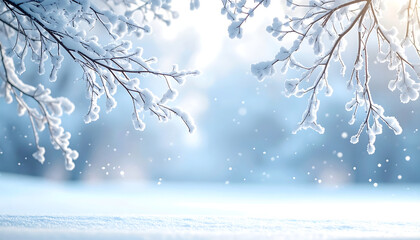 Snow covered tree branches in a winter landscape with falling snowflakes