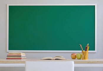 Empty school chalkboard with an open book, stack of books, fresh apples, and pencils on a wooden desk, symbolizing education