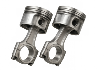 Two pistons with connecting rods, engineering for automotive power and mechanical performance, on transparent background
