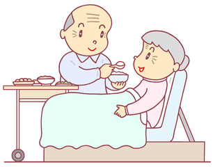 介護のイラスト - 老々介護・在宅介護・寝たきり・食事介助