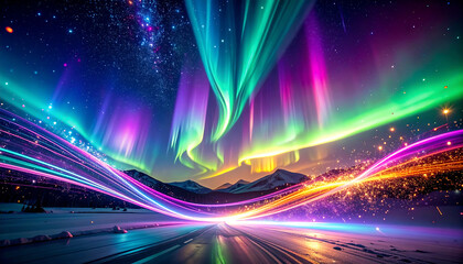 Abstract vibrant aurora borealis light trails illuminating a snowy landscape with distant mountains under a starry sky