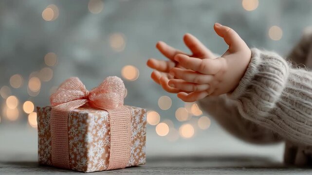 A warm gift box present with ribbon bow and delicate wrapping pattern soft bokeh lights cozy winter holiday scene where child hands reach gentle anticipation, snowflake charm and festive wonder glow