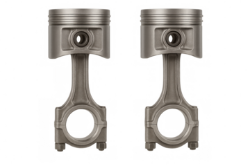 Two engine pistons with connecting rods, isolated metal automotive parts for reconstruction