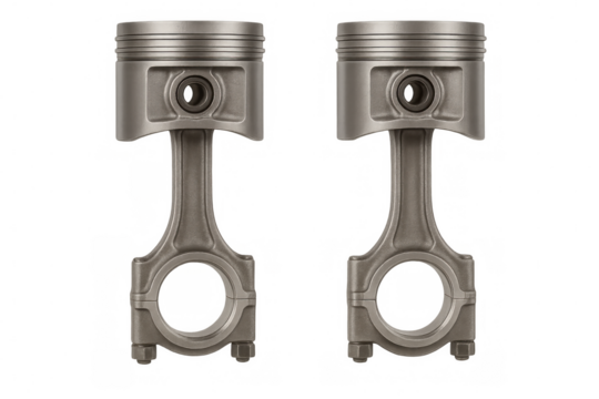 Two engine pistons with connecting rods, isolated metal automotive parts for reconstruction