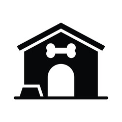 A black doghouse with a bone emblem above a round door A dog bowl sits on the left