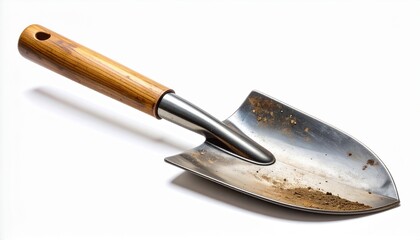 A single shiny metal shovel with a wooden handle, isolated on a white background.