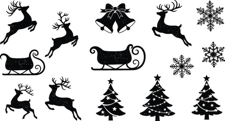 Chalk Silhouette Christmas Doodle Set – Hand Drawn Holiday and New Year Party Pictograms.