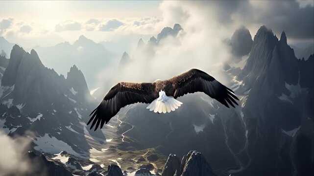 Majestic Bald Eagle Soaring Over Mountain Range in Dramatic Aerial Shot