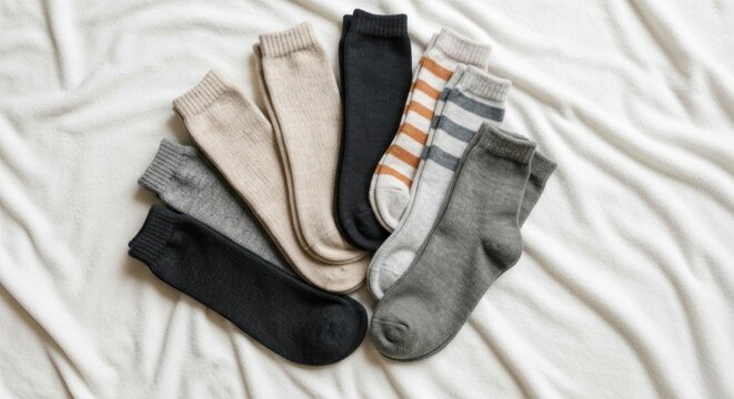Assorted socks in various colors arranged on a white, wrinkled surface - Powered by Adobe