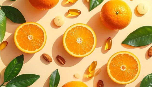 Orange slices, pills, and leaves on a pastel background