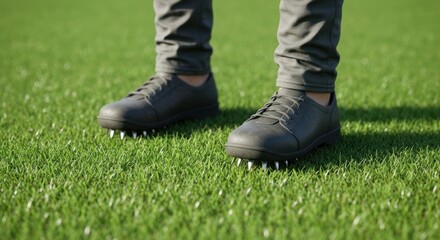 Close-up of black shoes with metal spikes, on green grass