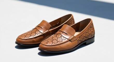 Pair of brown leather loafers with floral cutouts on a white surface