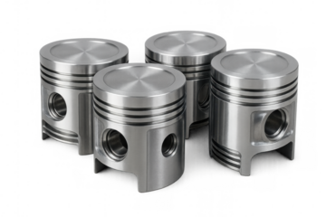 Four pistons for internal combustion engine isolated on transparent background illustrating automotive parts and power