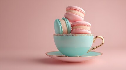 Pastel macarons rest gracefully on a fancy teacup against pink backdrop.