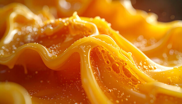 Abstract yellow wavy fluid texture with bubbles and transparent background