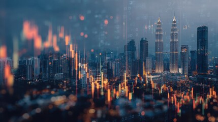 forex trade market concept with digital indicators graphs financial diagram at night kuala lumpur city background double exposure no logos no brands ar 169