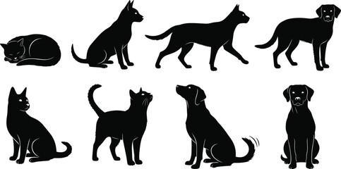 Obraz premium 犬と猫のシルエットベクターアイコン – モノクロペットデザインセット.