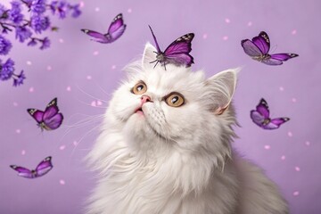 Whimsical white persian cat with purple butterflies on head and around. Magical pet portrait concept. Surreal feline art on lavender background. Fantasy animal photography - generated by ai