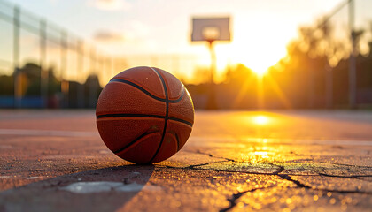 Basketball on court with hoop against sunset sky sport recreation image