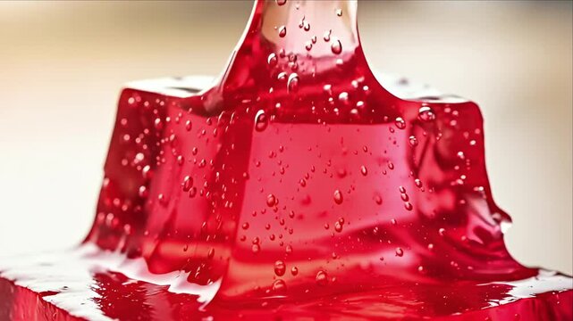 Closeup of Hand Pressing Red Translucent Gelatin Dessert with Bubbles in Slow Motion