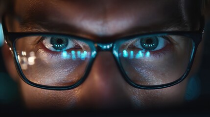 vision hacking and technology concept  close up of hacker eyes in glasses looking at computer screen in darkness no logos no brands ar 169