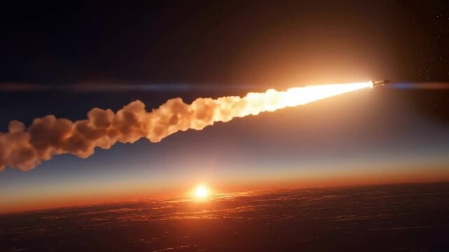 An impressive video sequence captures a sleek, modern rocket ascending powerfully into the upper atmosphere, leaving a magnificent, fiery trail across the darkening sky. The scene is set against a bre