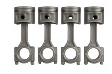 Four engine pistons and connecting rods for automotive mechanics, representing power and engineering on a transparent background