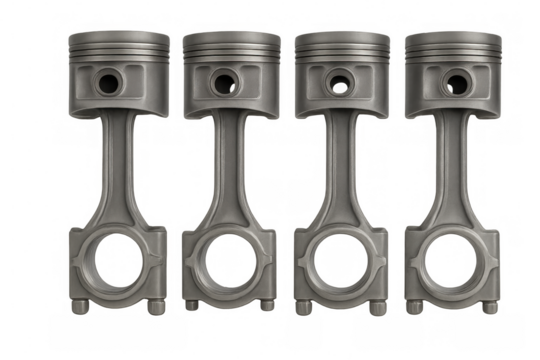 Four engine pistons and connecting rods for automotive mechanics, representing power and engineering on a transparent background